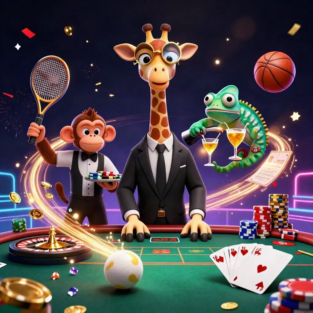 Neon casino scene with a giraffe, monkey, and chameleon amid chips, coins, roulette, and sports balls.