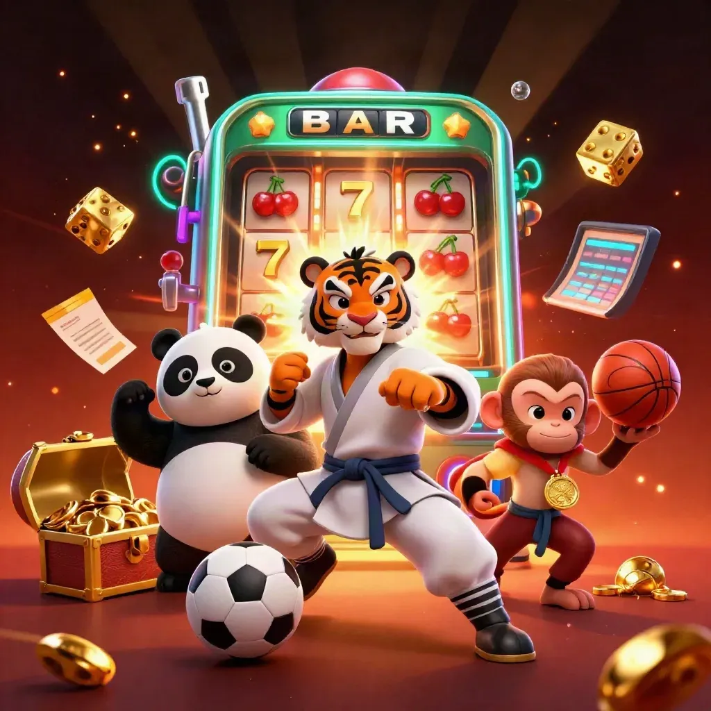 Kung-fu tiger, panda, and monkey amid exploding slot machine, gold, balls, and glowing casino effects.