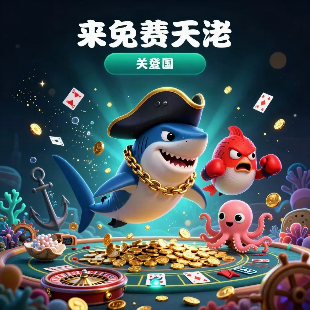 Shark pirate, red pufferfish and baby octopus in a neon treasure cove with casino props