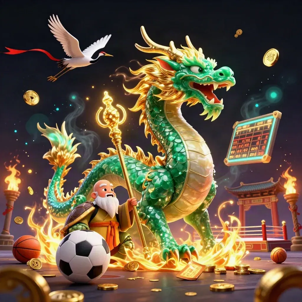Dragon, turtle sage, cranes, and sports balls in a neon casino fantasy scene.