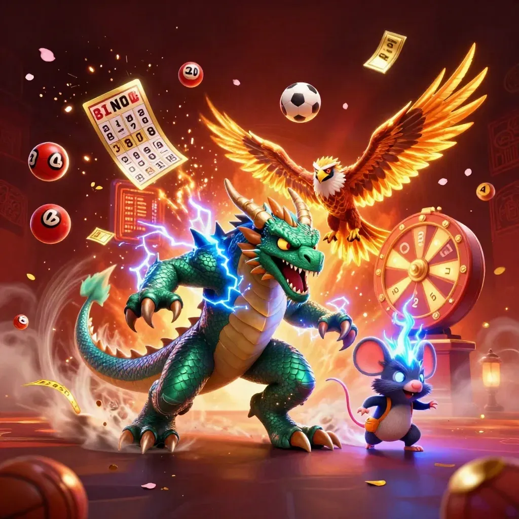 Thunder dragon, wind hawk, and static mouse amid casino props and glowing embers