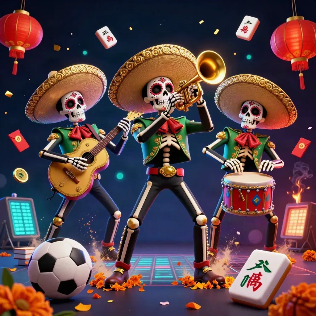 Skeleton mariachi trio amid casino props, lanterns, coins, petals, and sports balls