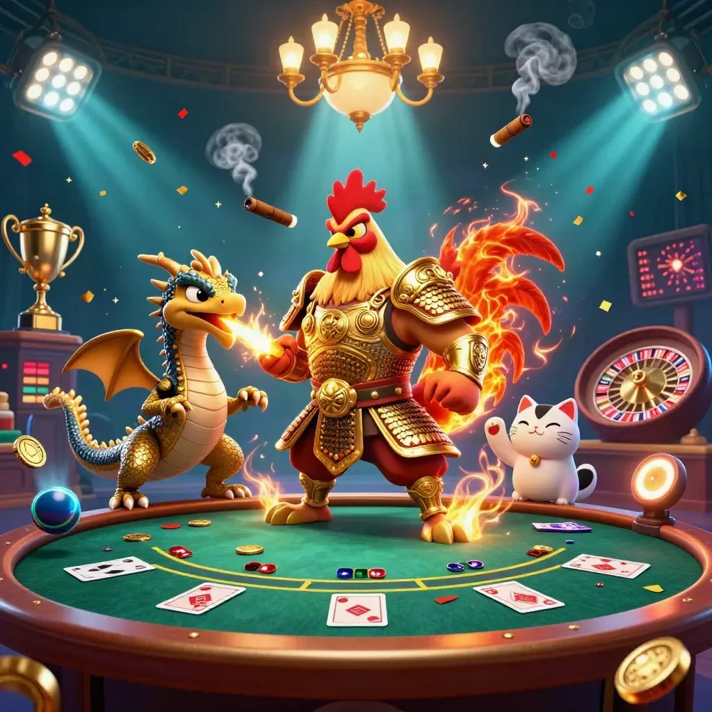 Rooster warrior, dragon hatchling, and fortune-cat in a luxe casino scene with sparks, coins, and a spinning wheel.
