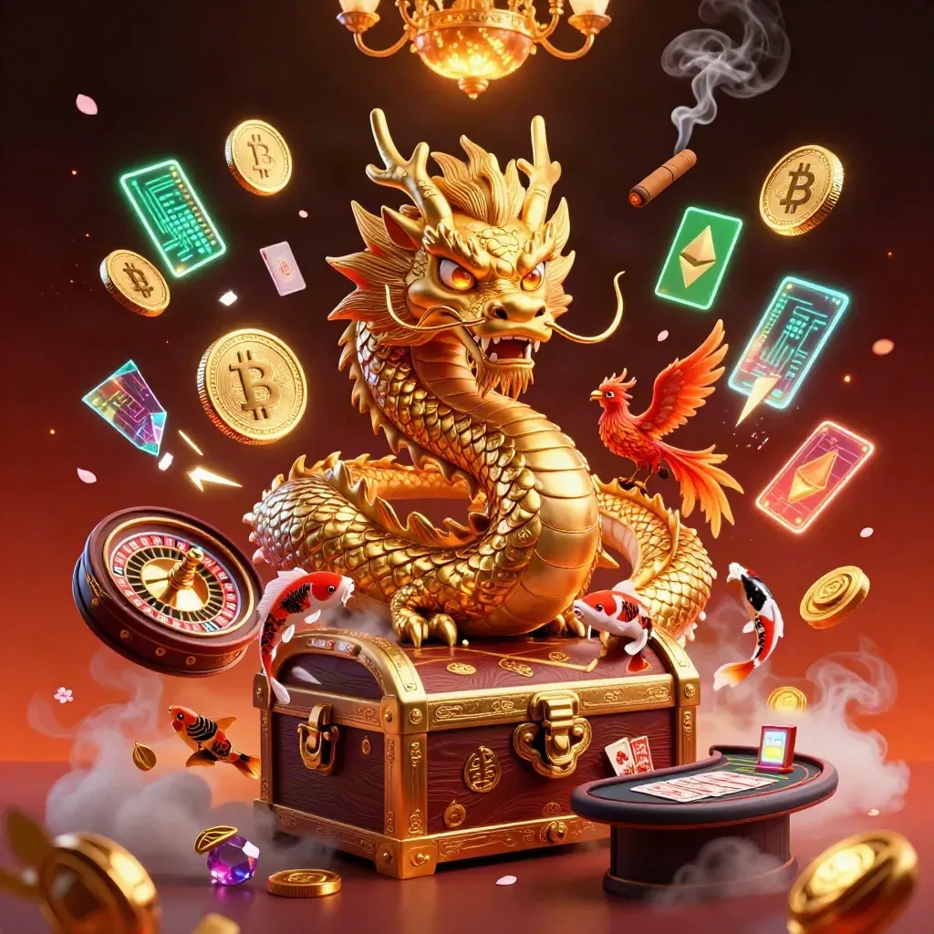 Golden dragon, phoenix, koi and casino lights swirl in a crimson live-casino key art scene.