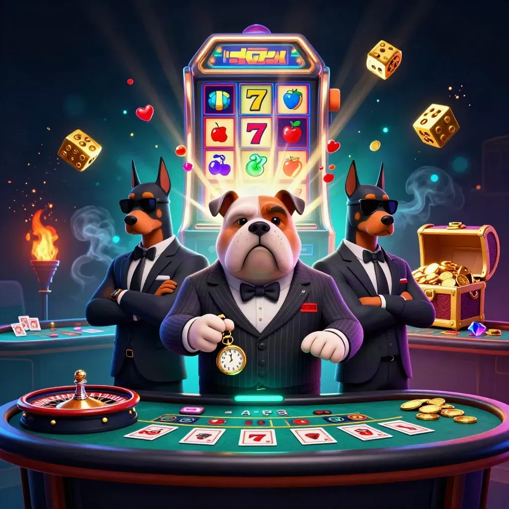 Cartoon bulldog boss and Dobermans amid a bursting slot machine and gold in luxe casino glow
