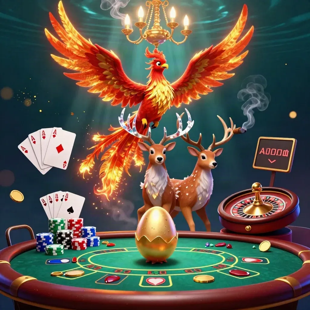 Phoenix, baby phoenix, and crystal stag amid casino lights, chips, cards, and roulette wheel.