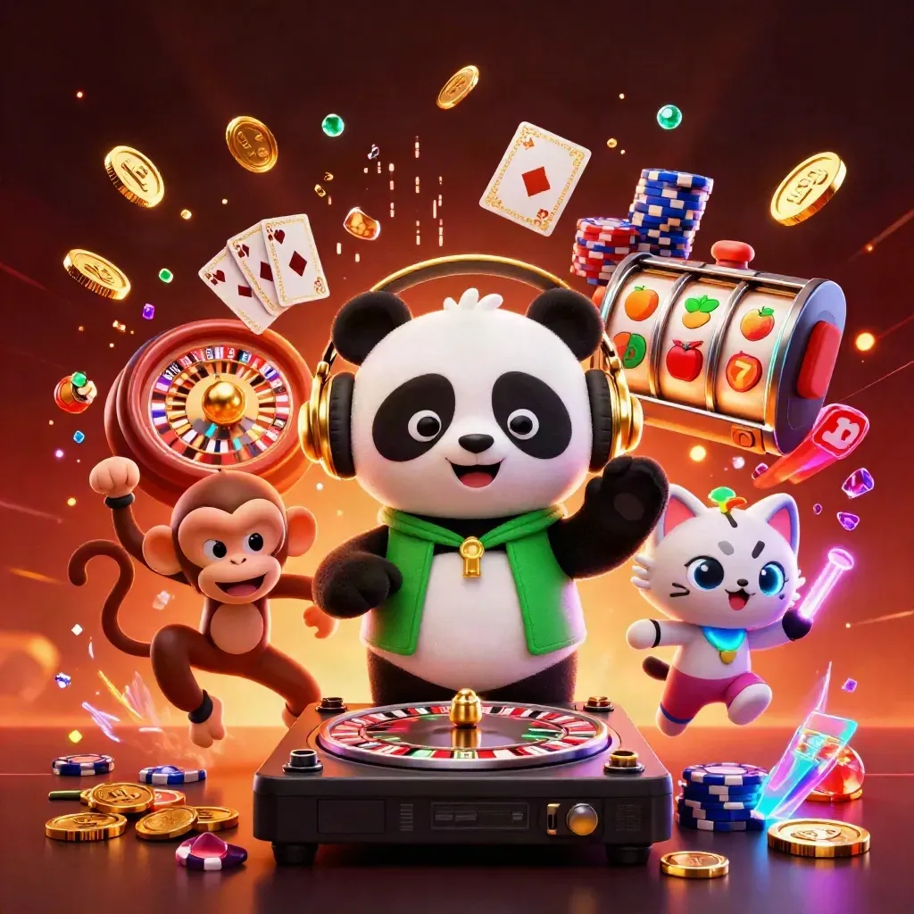DJ panda, breakdancing monkey, and glow-stick kitten amid casino riches and neon energy