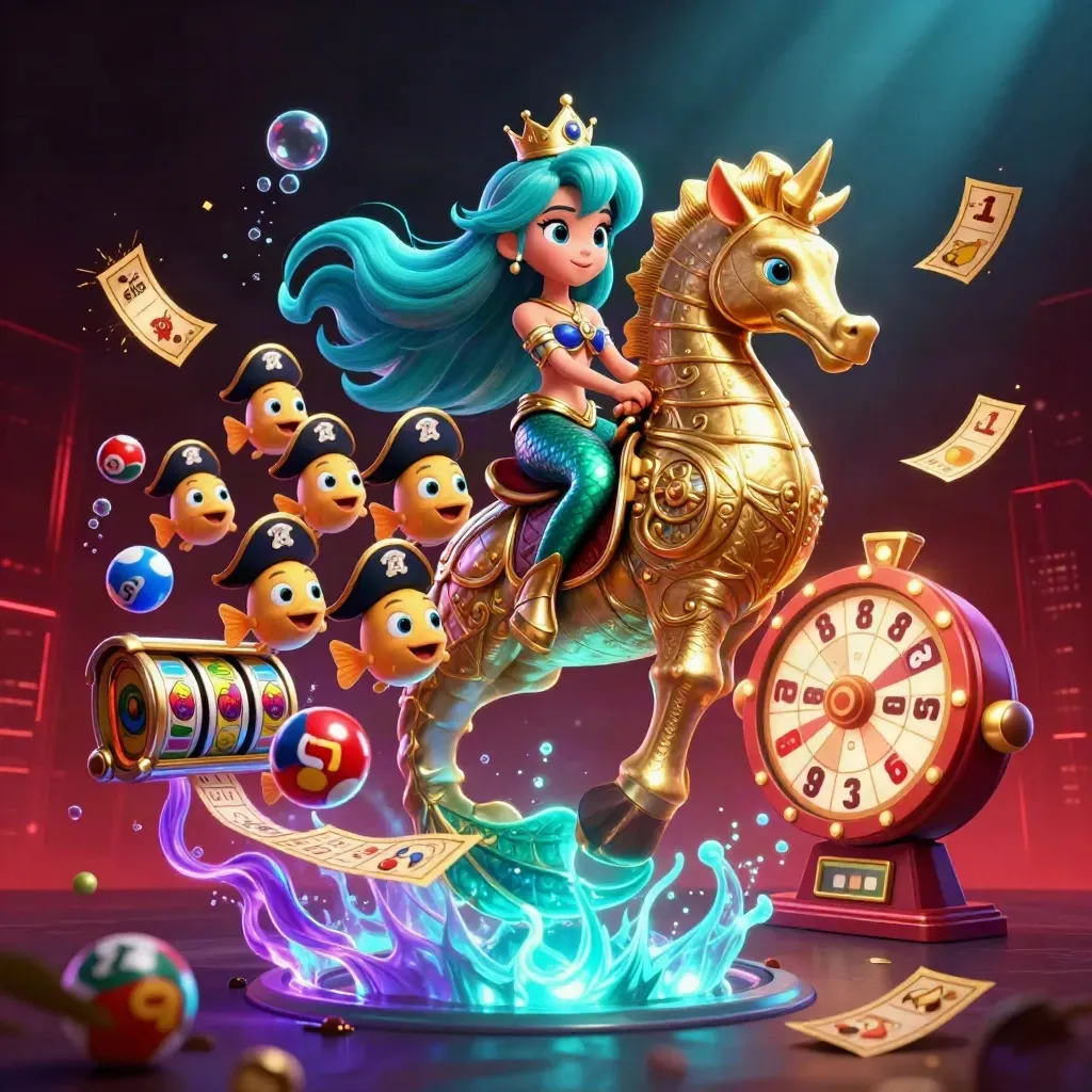 Mermaid princess on armored seahorse with pirate fish amid casino treasures and neon glow.