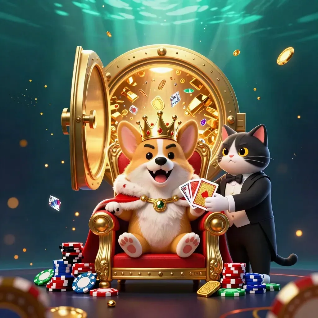 Royal corgi king and cat butler amid a vault burst, gold, gems, and emerald glow.