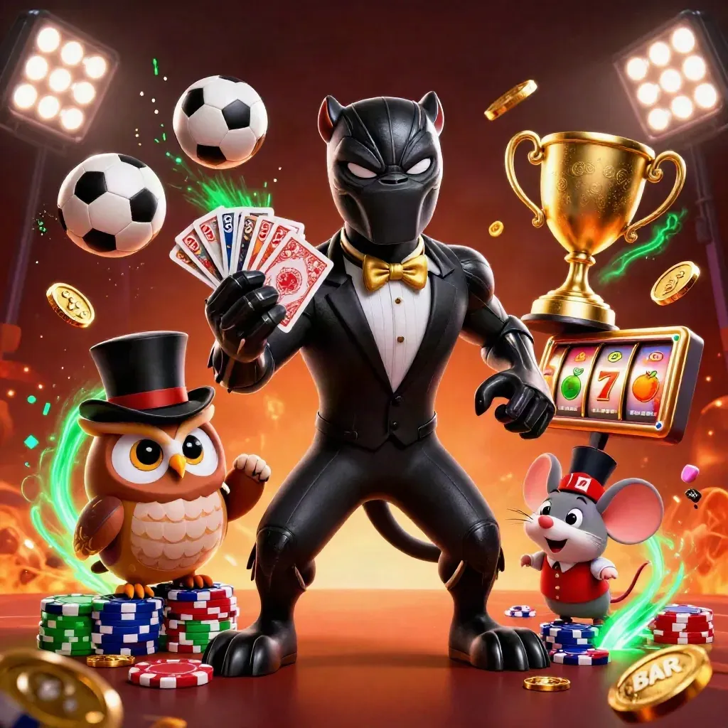 Black panther dealer, owl, and mouse amid flying chips, neon balls, trophy, and casino glow.