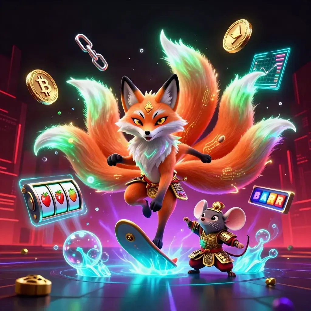 Nine-tailed fox spirit and armored mouse amid neon coins, reels, and casino lightning in a dark red glow.