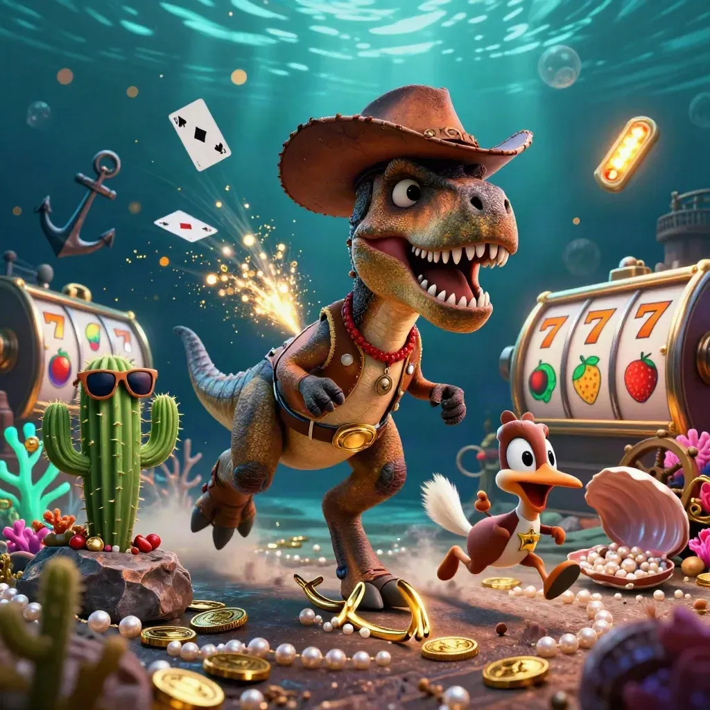 Cowboy T-Rex, cactus sidekick, and sheriff roadrunner in a glowing treasure cove.