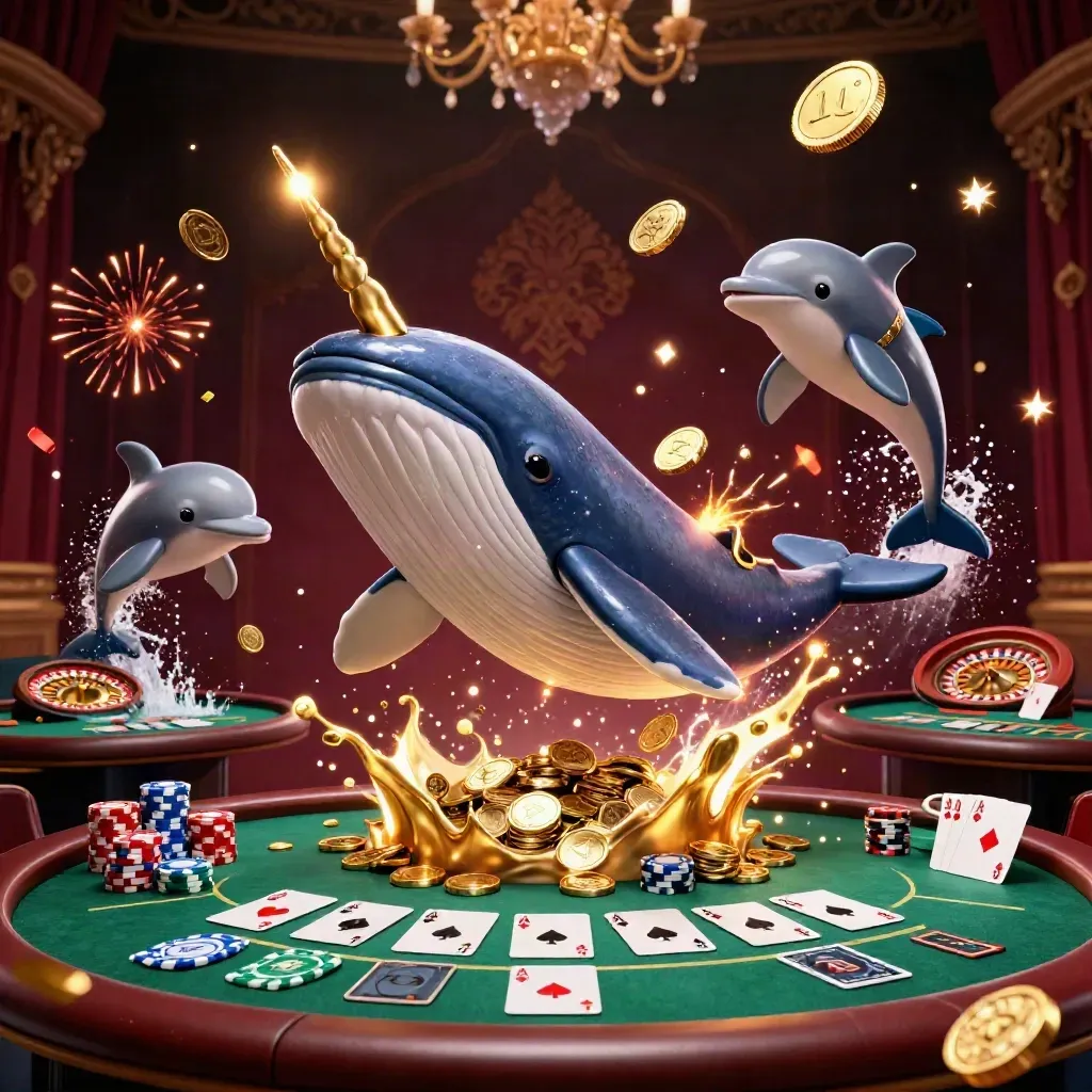 Whale captain, narwhal, and dolphins amid casino chips, cards, coins, and fireworks
