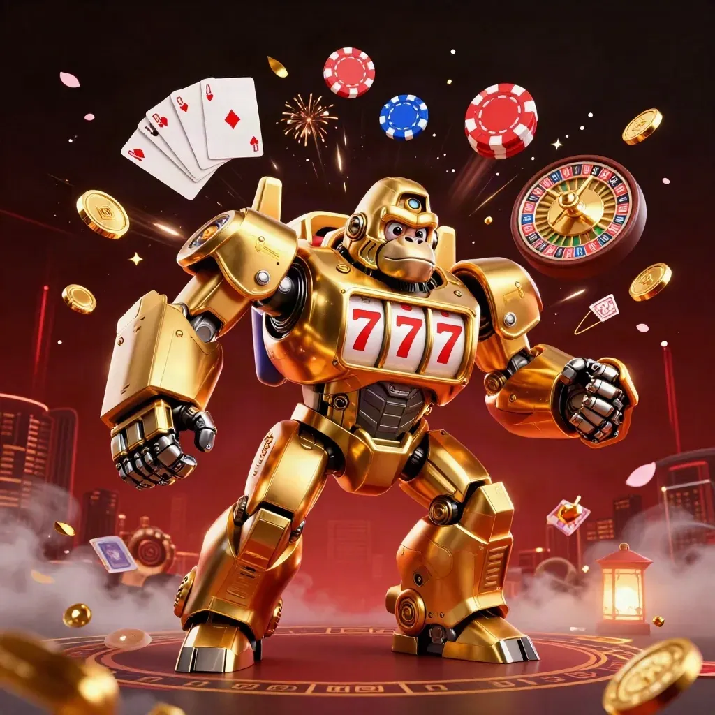 Golden gorilla mech with monkey pilot amid coins, chips, roulette wheel, cards and fireworks.