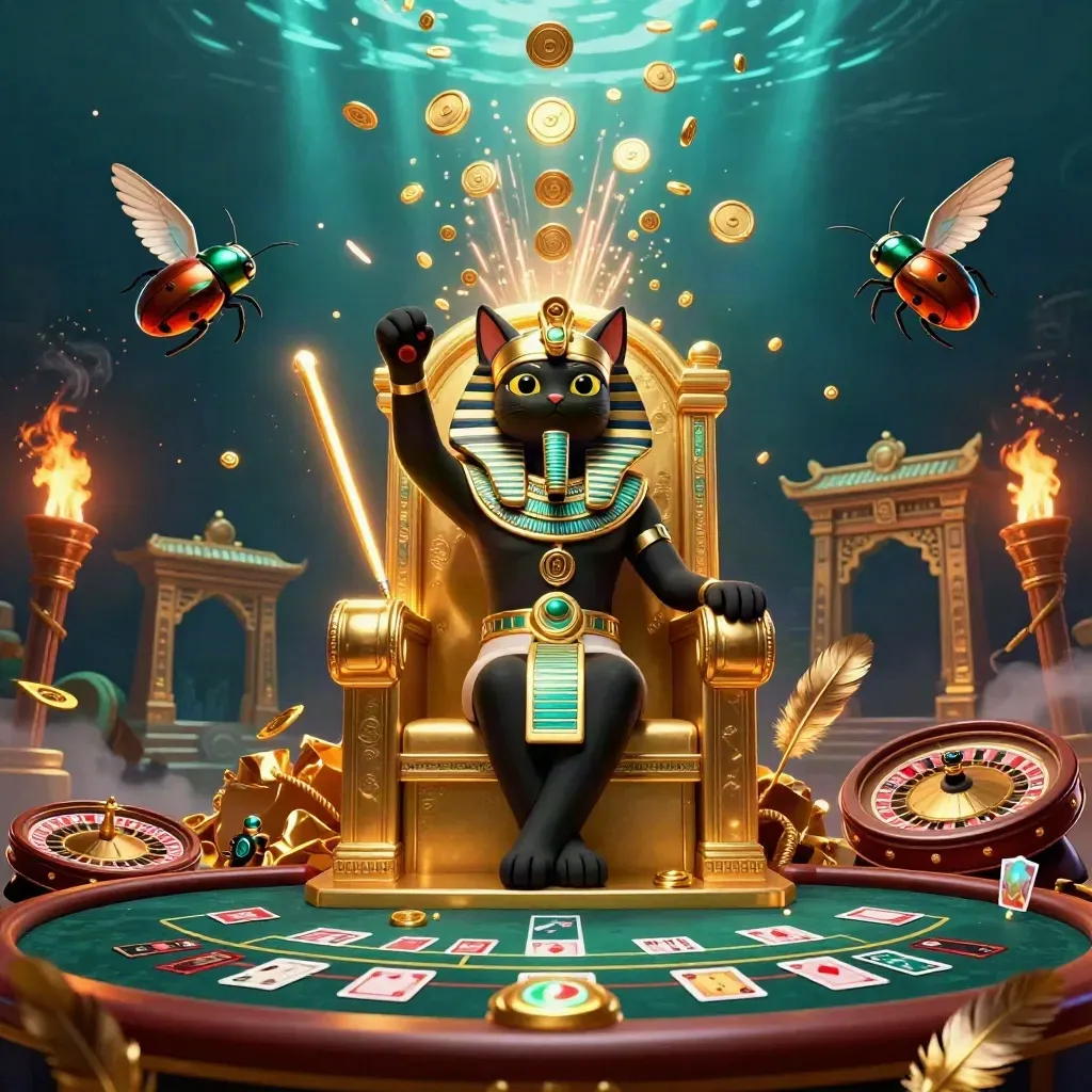 Pharaoh cat, ibis scribe and gem-wing scarabs amid coins, vault glow and casino props