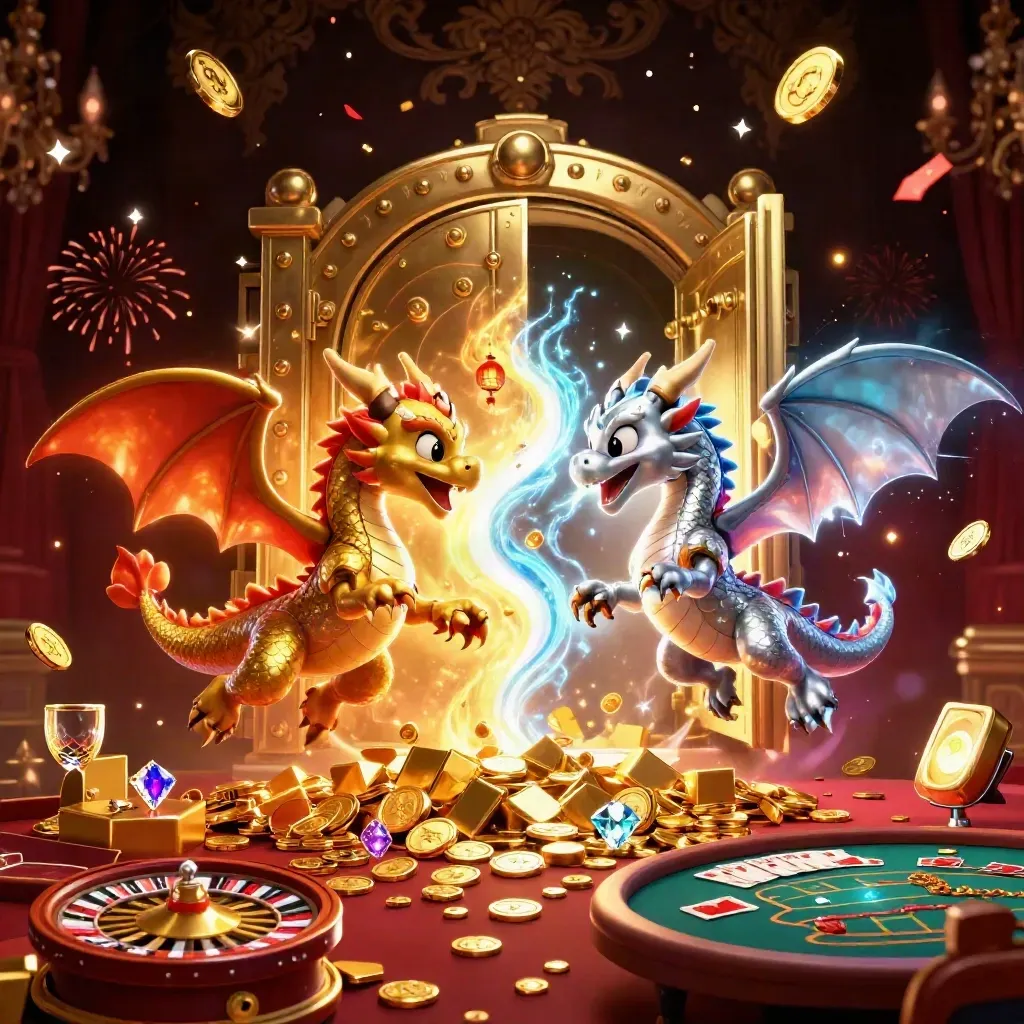 Twin gold and silver dragons unleash fire and ice beside a bursting vault and casino treasures.