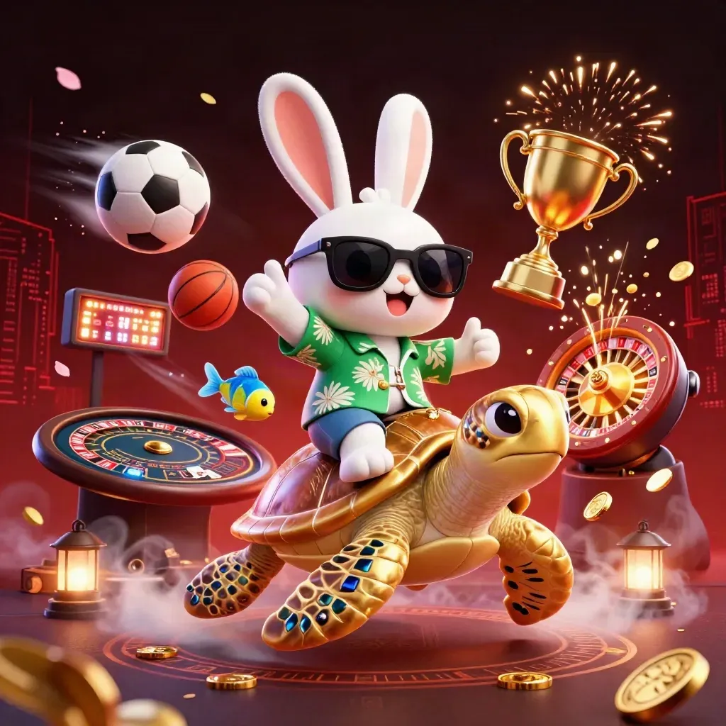 Lucky rabbit rides a jeweled turtle amid coins, fireworks, and casino glow.