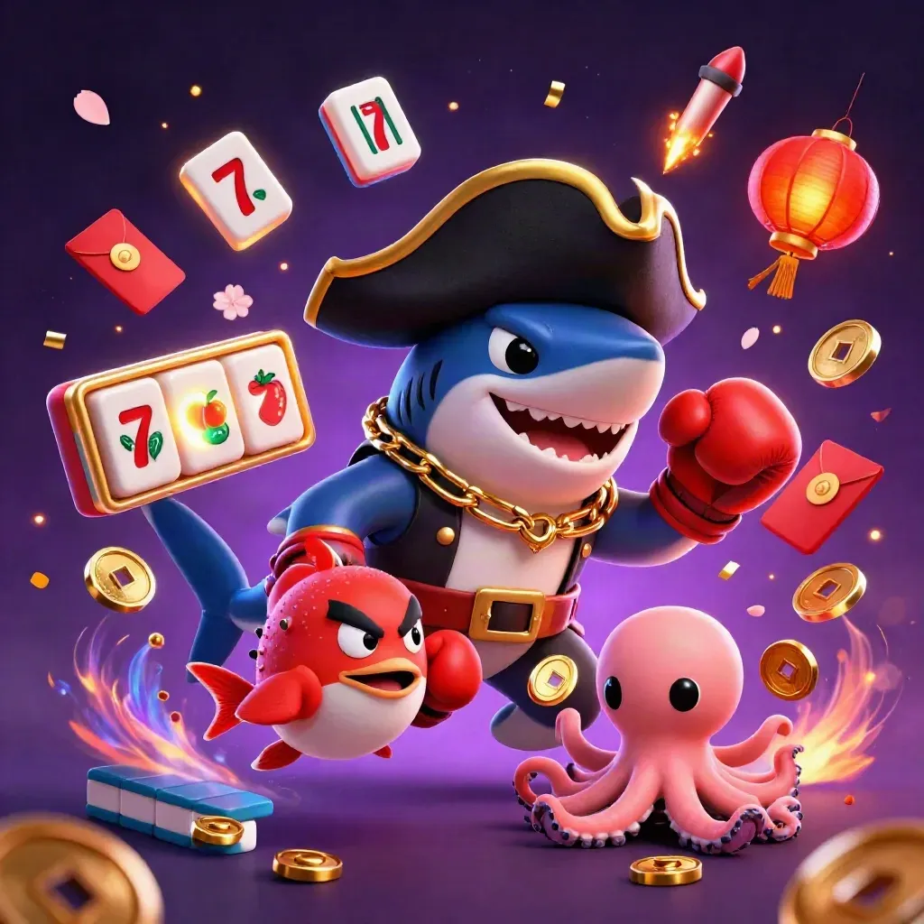 Pirate shark, boxing-glove pufferfish, and coin-juggling octopus amid casino symbols and neon magic