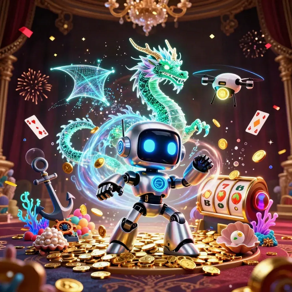 Cyberpunk robot, holographic dragon, and coin drone amid treasure cove casino effects
