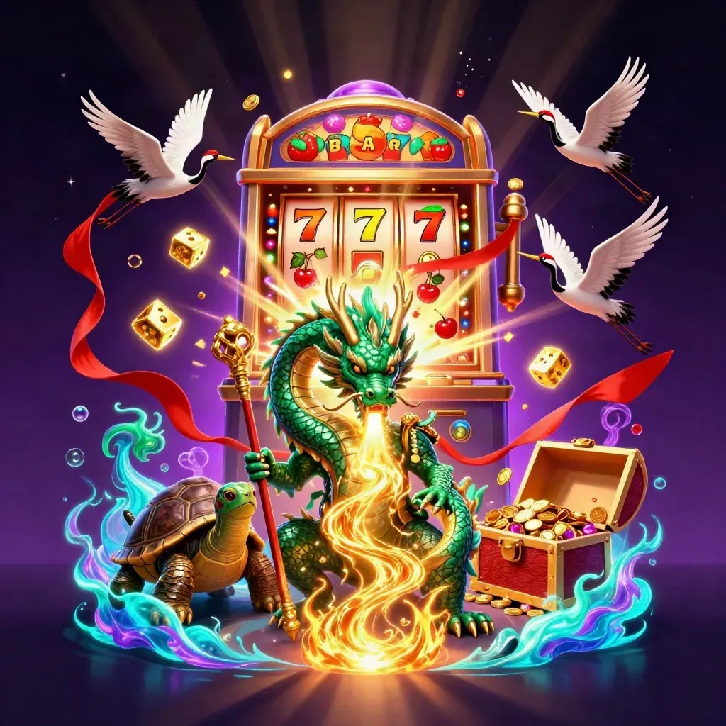 Emerald dragon, turtle sage, and cranes amid bursting slot reels, gold, and neon casino energy