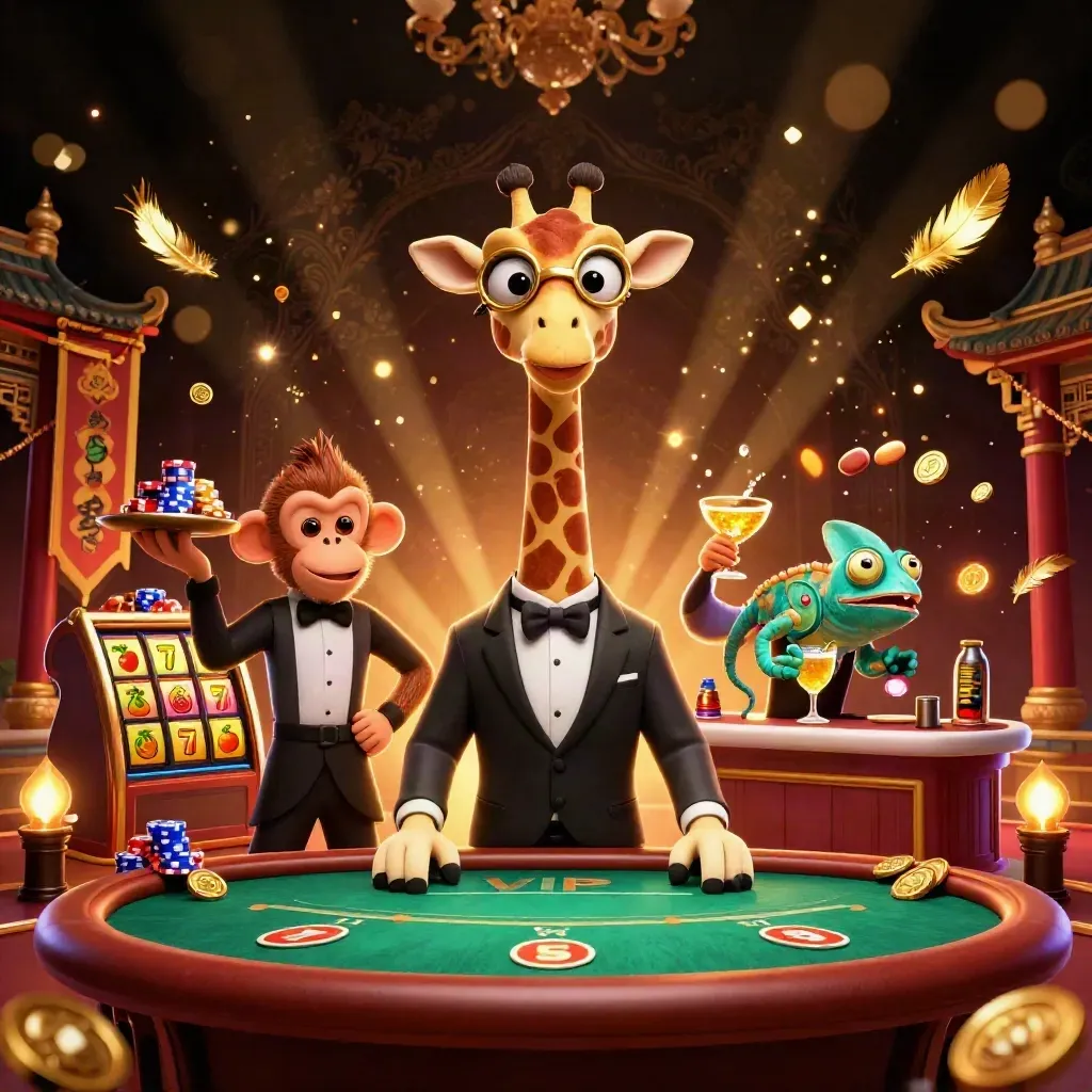 Giraffe high roller, monkey valet, and chameleon bartender in a luxe casino key art scene.