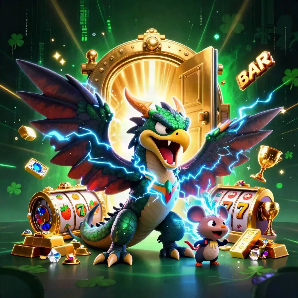 Thunder dragon, wind hawk, and static mouse amid vault gold, reels, and neon casino effects.