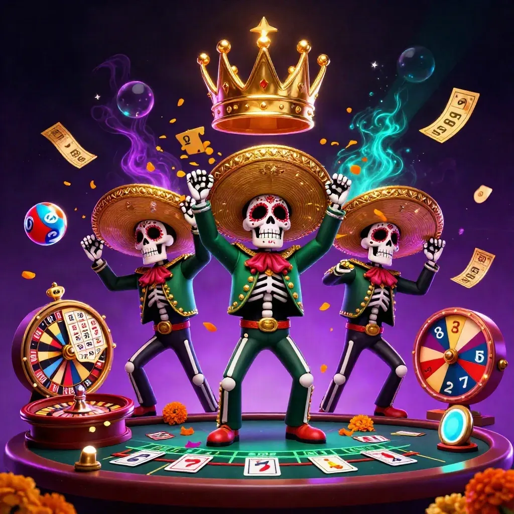Three skeleton mariachi players amid casino wheels, lottery balls, and neon purple-cyan glow