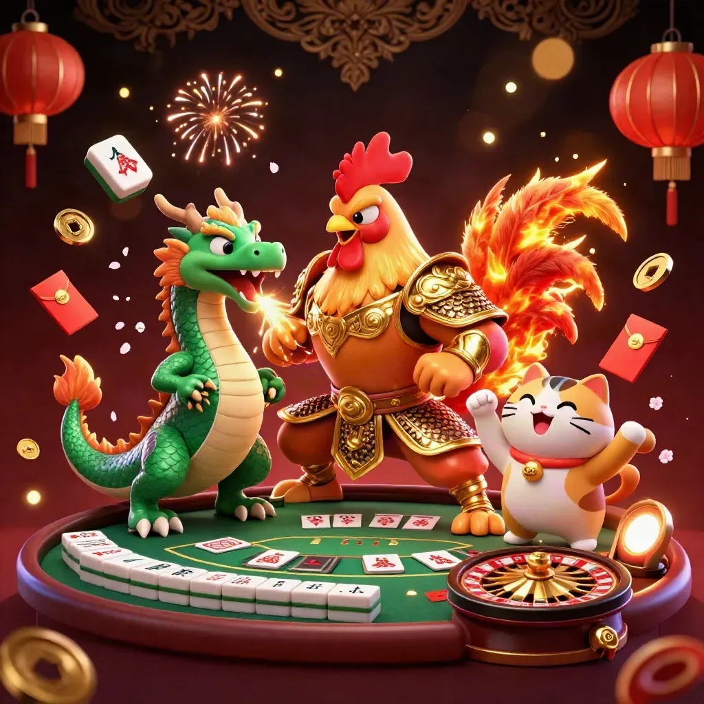 Rooster warrior, dragon hatchling, and fortune-cat amid casino riches and glowing effects.